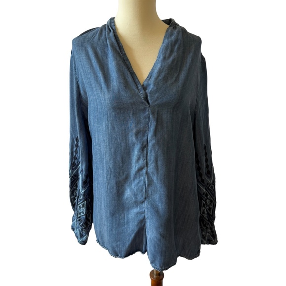 CHICOS POPOVER TOP TENCEL EMBROIDERED SLEEVES CHAMBRAY BOHO CHIC FESTIVAL 8/10 - Picture 2 of 11